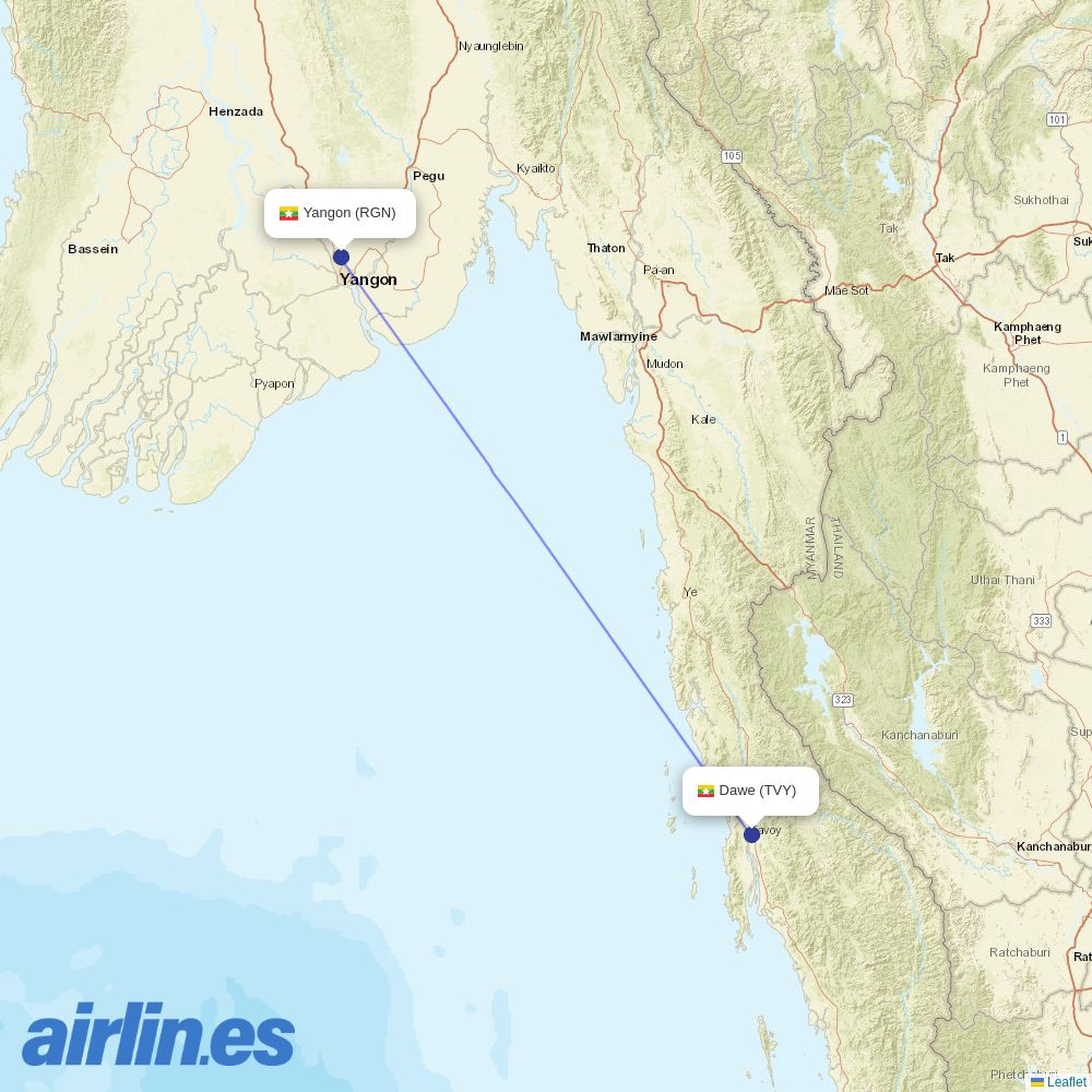 Mann Yadanarpon Airlines from Dawei Airport destination map