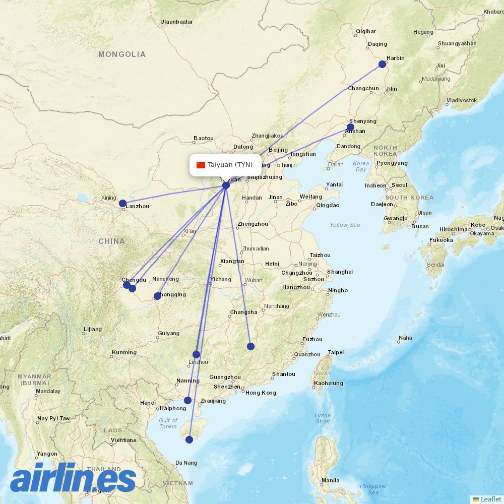 Sichuan Airlines from Taiyuan Wusu International Airport destination map