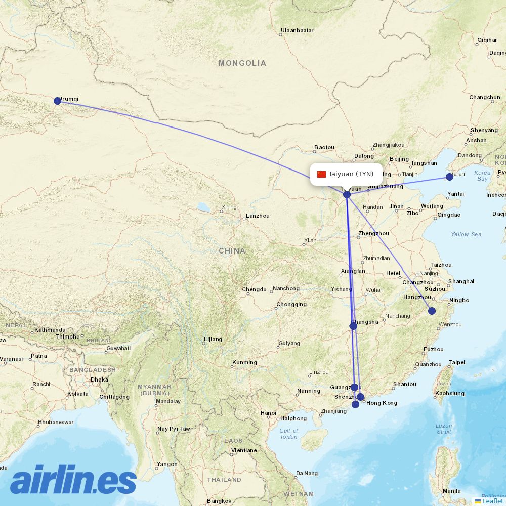 China Southern Airlines from Taiyuan Wusu International Airport destination map