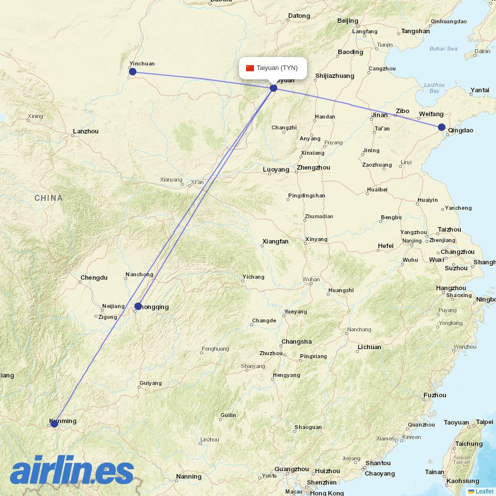 Ruili Airlines at TYN route map