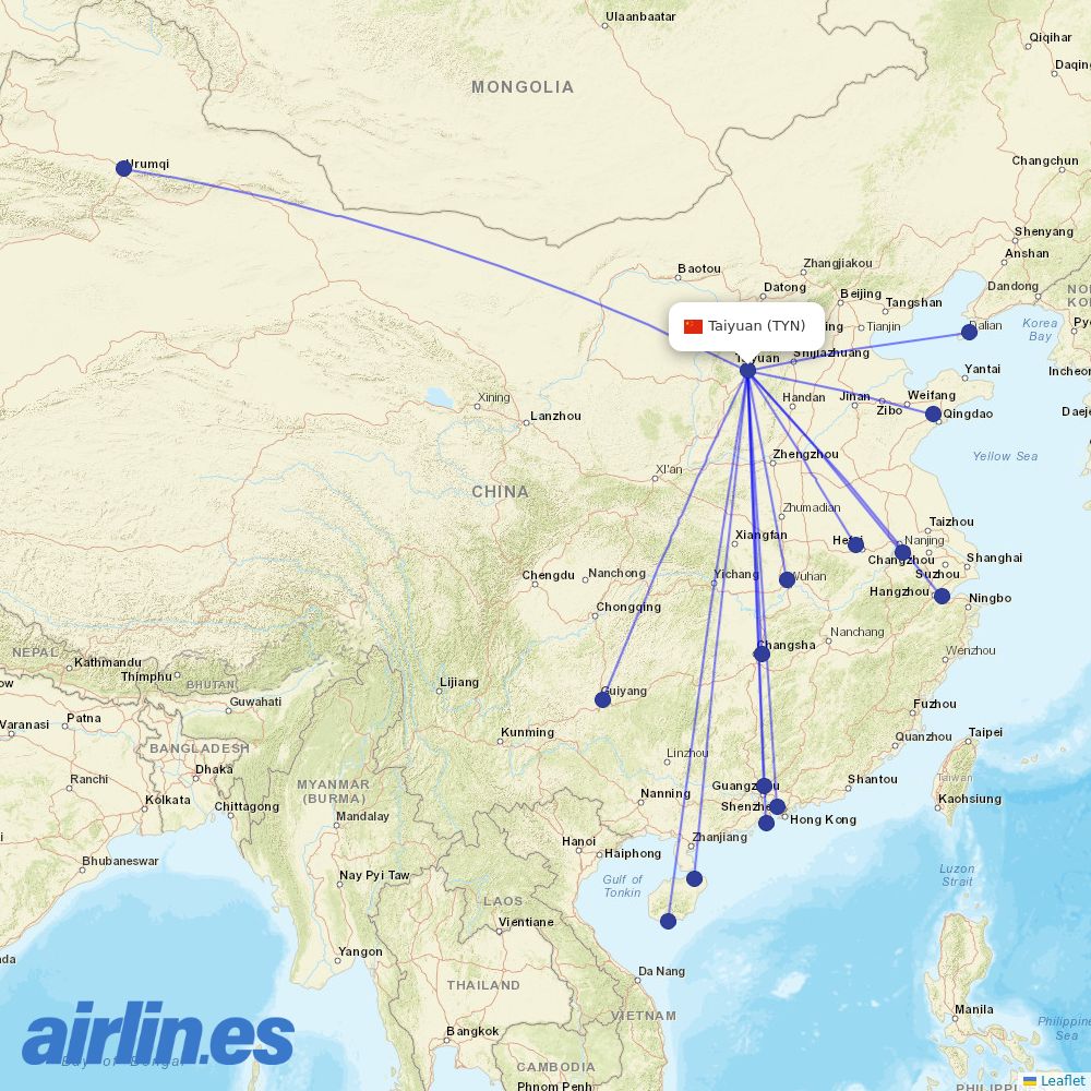 Hainan Airlines from Taiyuan Wusu International Airport destination map