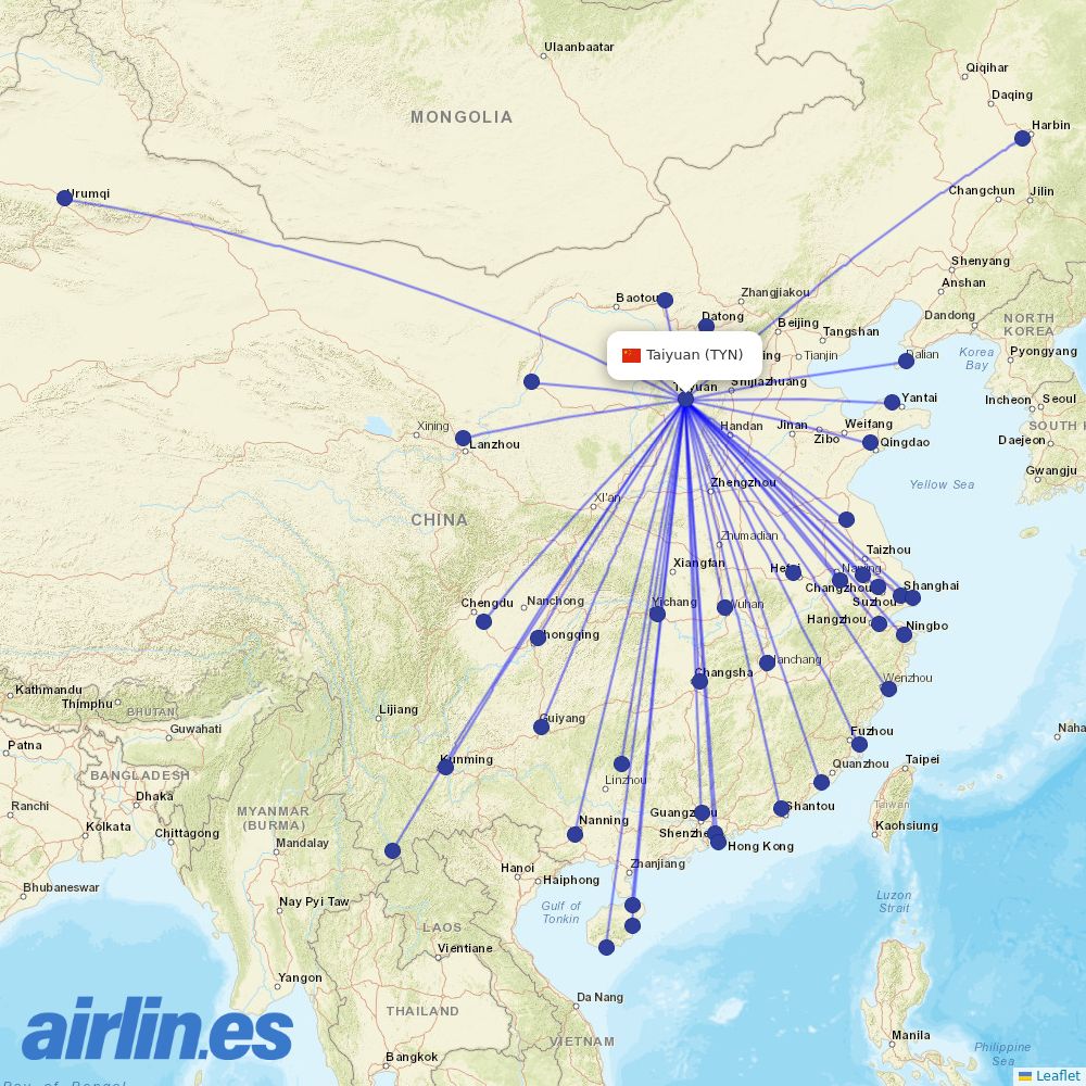 China Eastern Airlines from Taiyuan Wusu International Airport destination map