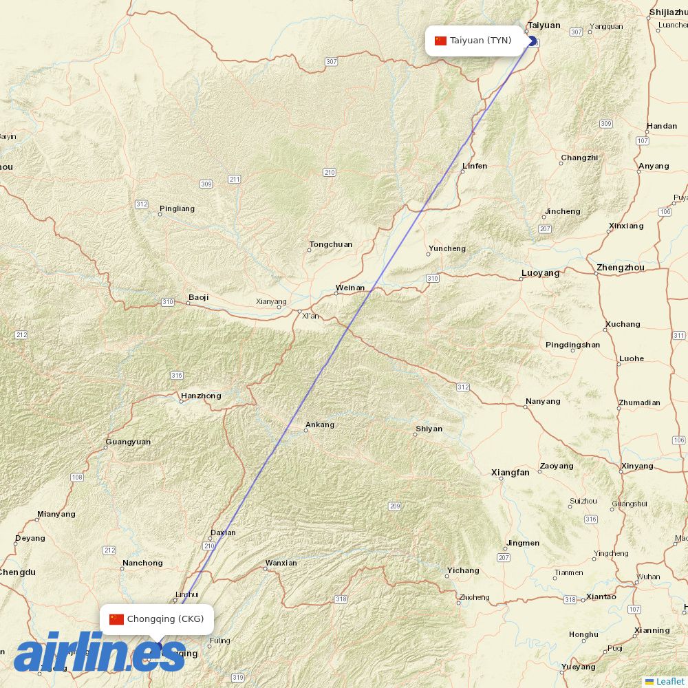 West Air (China) at TYN route map