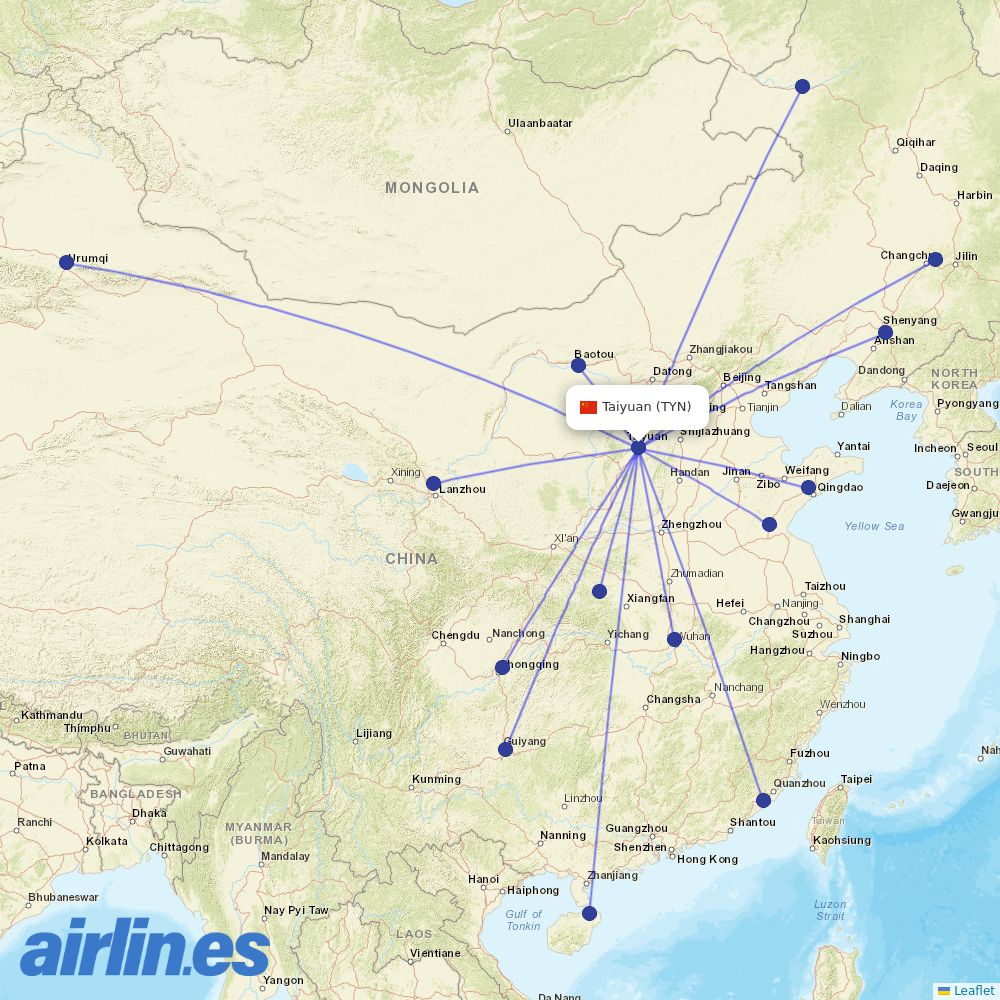 Shandong Airlines from Taiyuan Wusu International Airport destination map