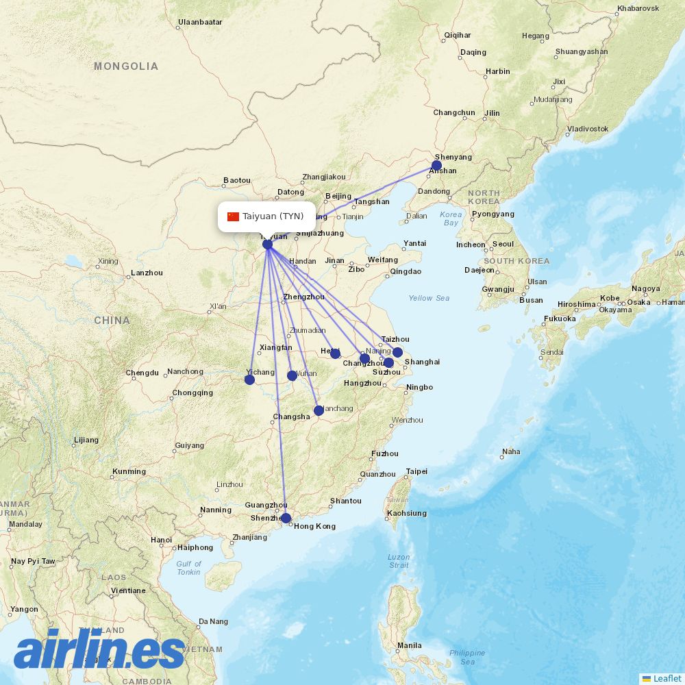 Shenzhen Airlines from Taiyuan Wusu International Airport destination map