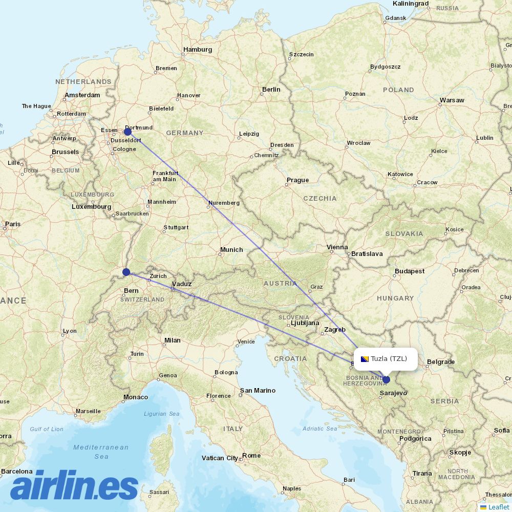 Wizz Air from Tuzla International Airport destination map