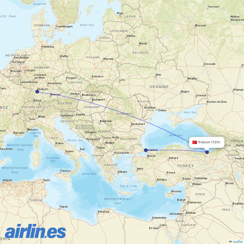 Turkish Airlines at TZX route map