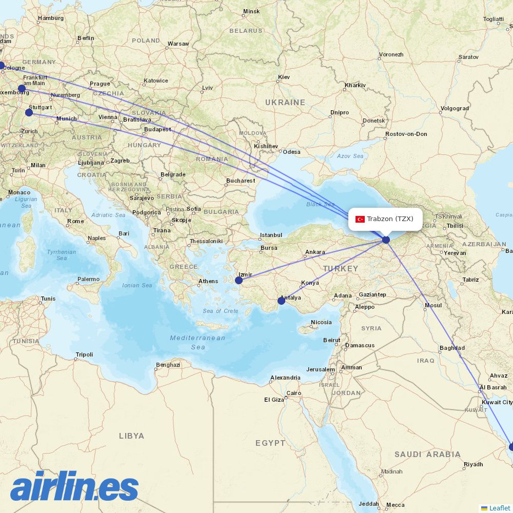 SunExpress from Trabzon destination map