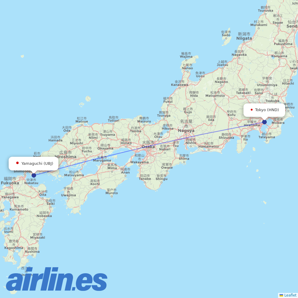 JAL from Yamaguchi Ube destination map