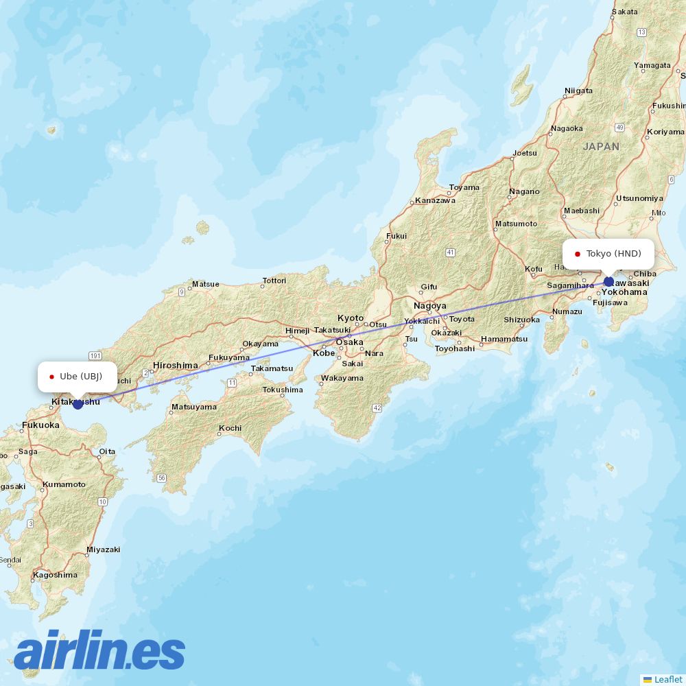 ANA from Yamaguchi Ube destination map