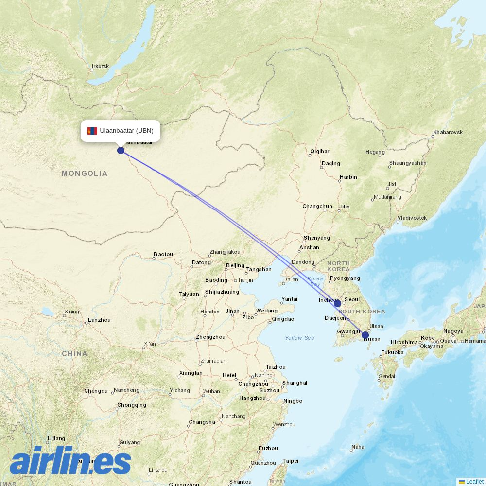 Jeju Air from Chinggis Khan International Airport destination map