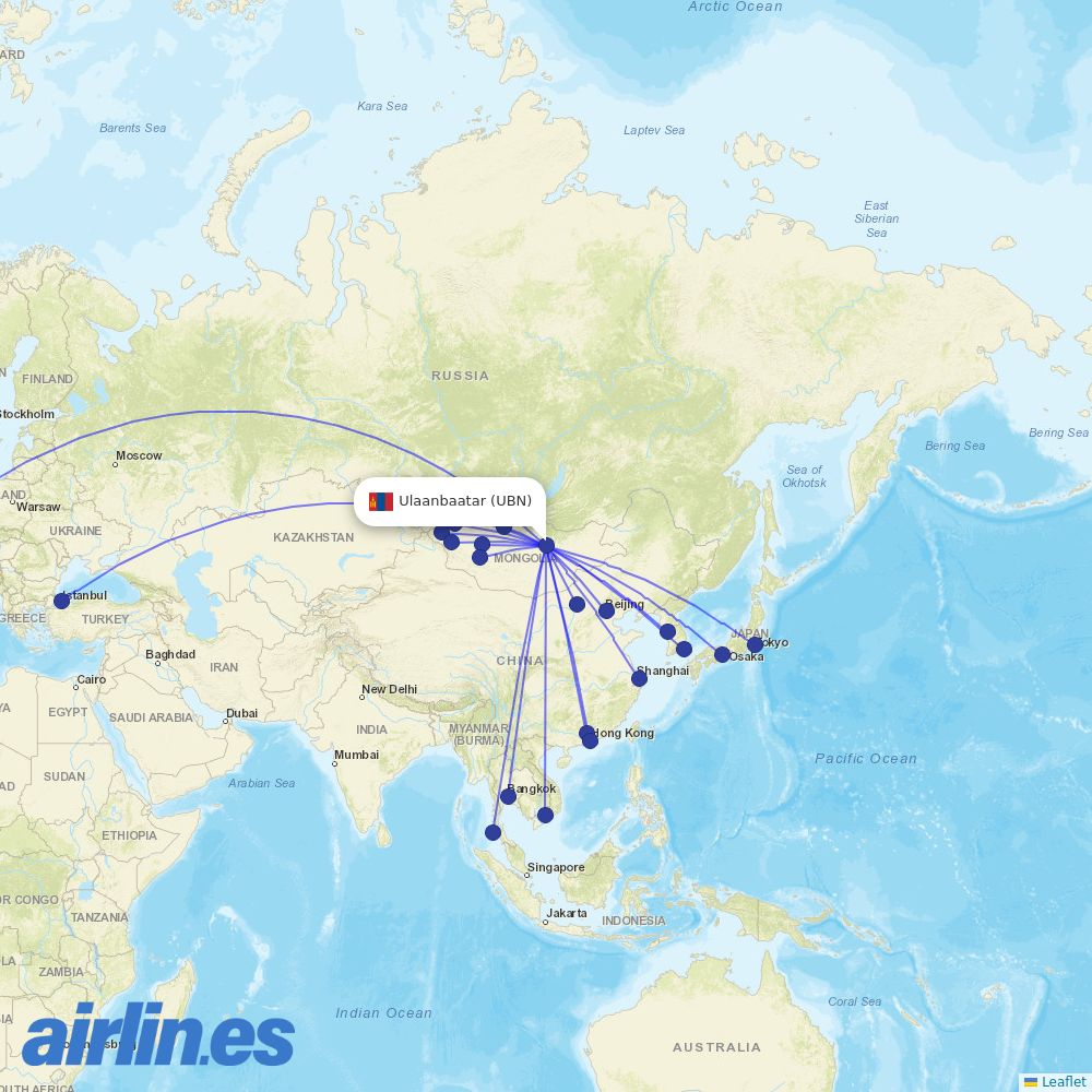 Miat - Mongolian Airlines at UBN route map