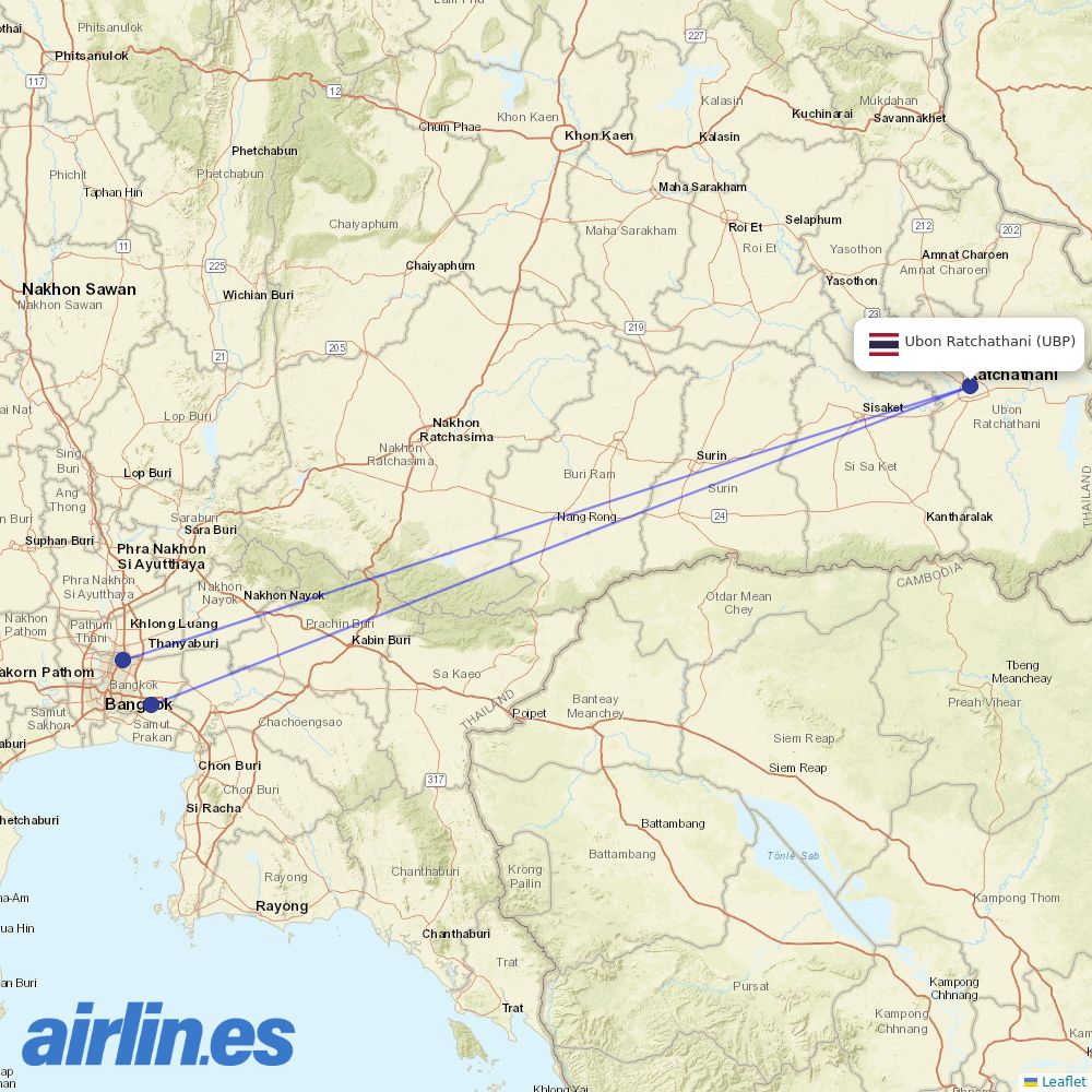 Thai Lion Air from Ubon Ratchathani destination map