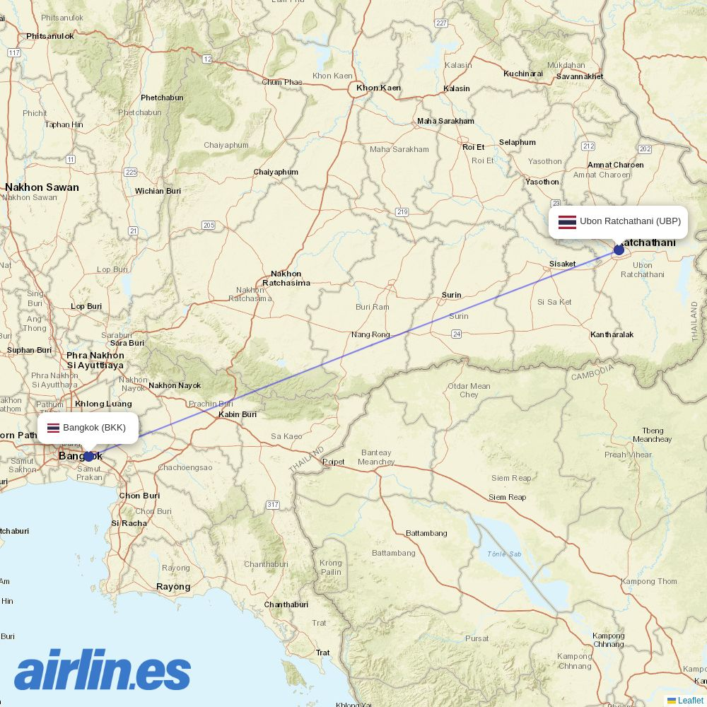Thai Airways International from Ubon Ratchathani destination map