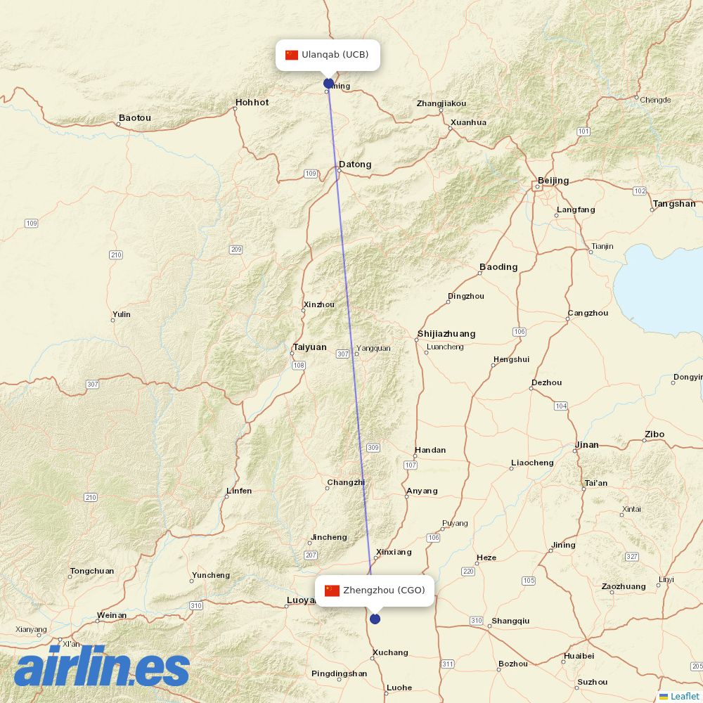China Southern Airlines from Ulanqab Airport destination map