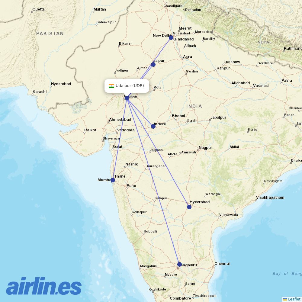 IndiGo from Udaipur destination map