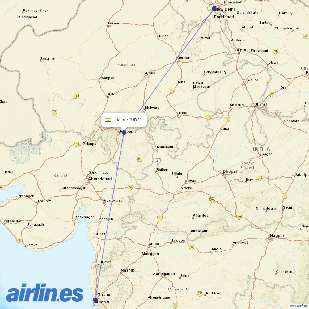 Air India from Udaipur destination map