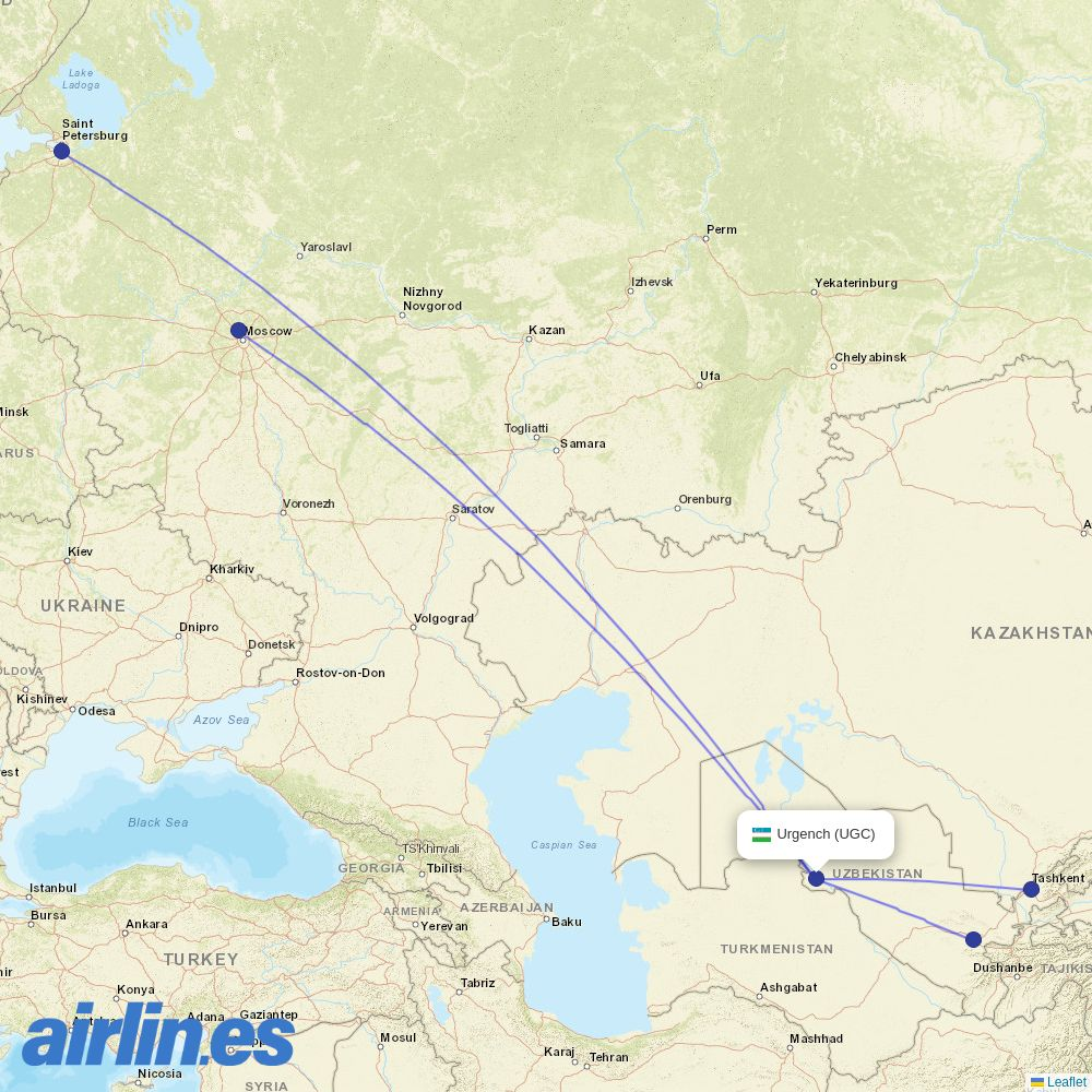 Centrum Air from Urgench Airport destination map