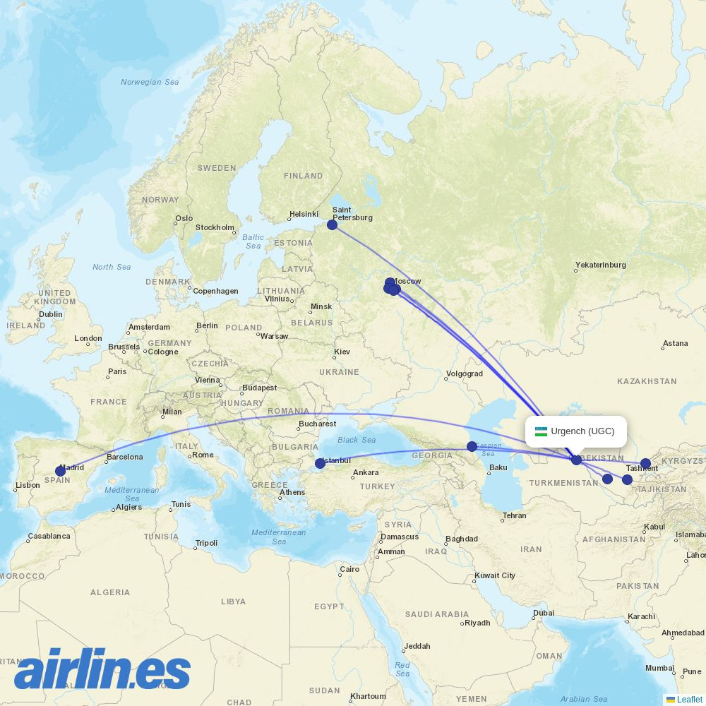 Taban Air from Urgench Airport destination map