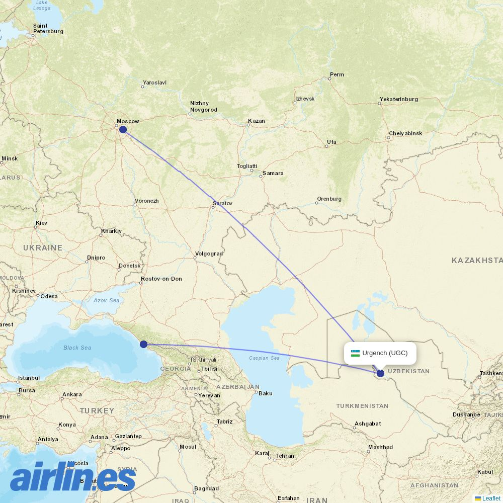 Ural Airlines from Urgench Airport destination map
