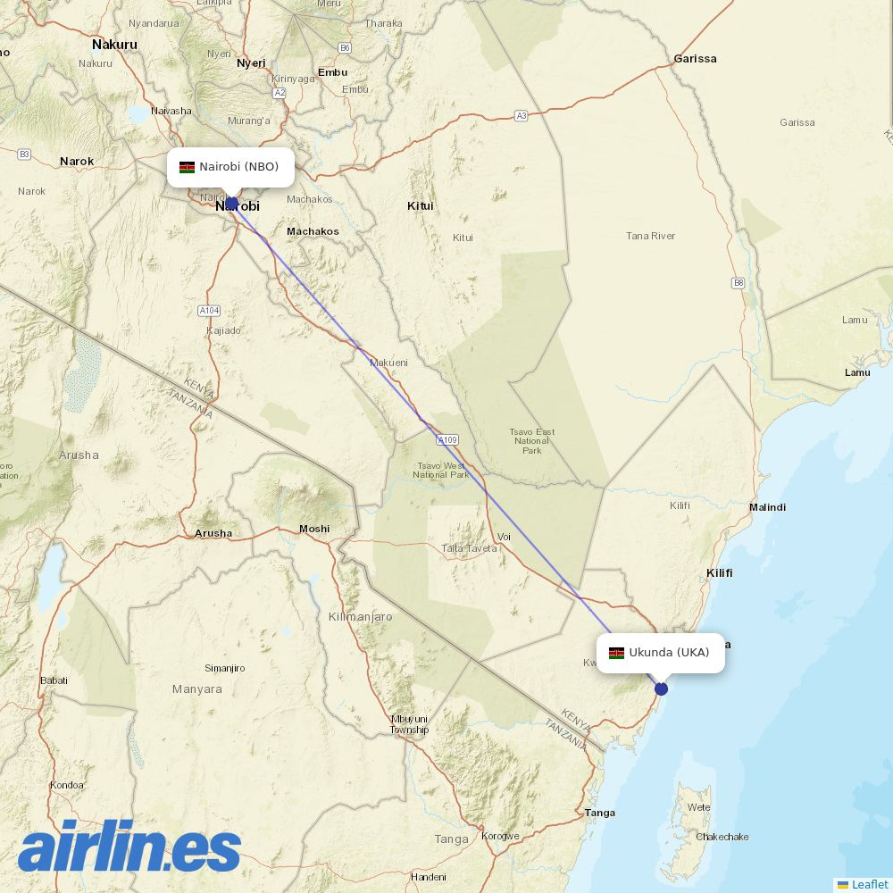 Jambojet Limited from Ukunda Airport destination map