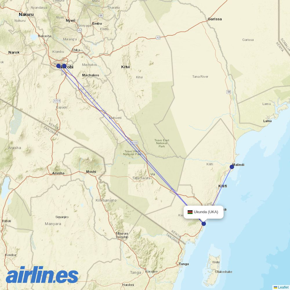 Skyward Express from Ukunda Airport destination map