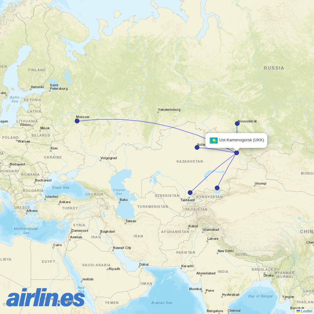 FlyArystan from Ust-Kamenogorsk Airport destination map