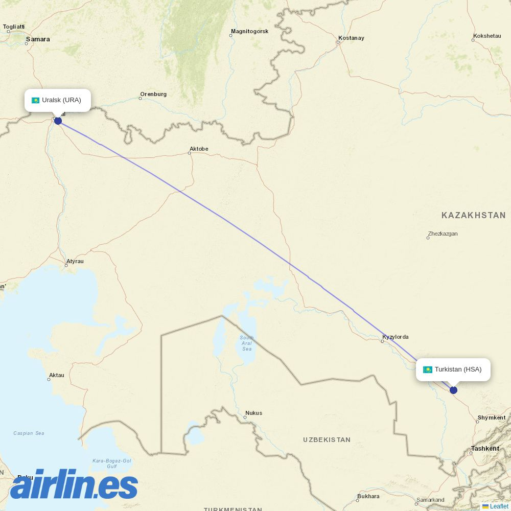 SCAT Airlines from Uralsk destination map