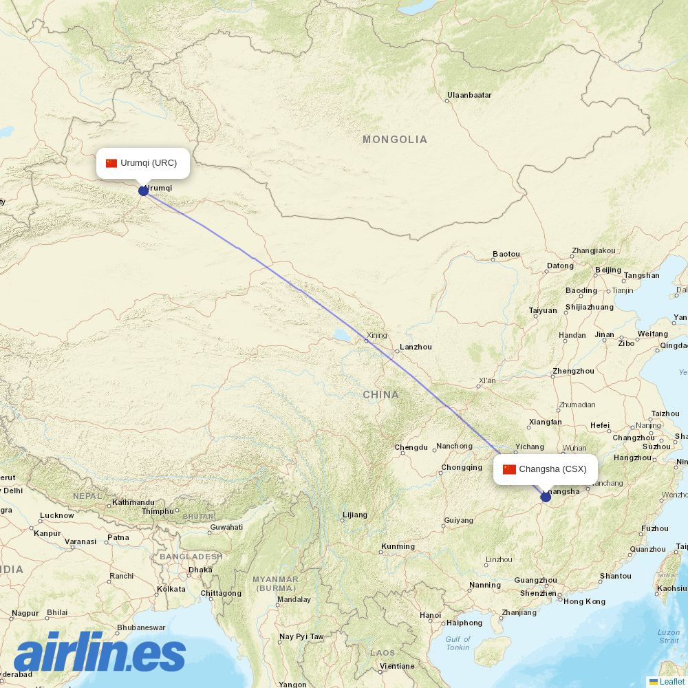 Fuzhou Airlines from Ürümqi Diwopu International Airport destination map