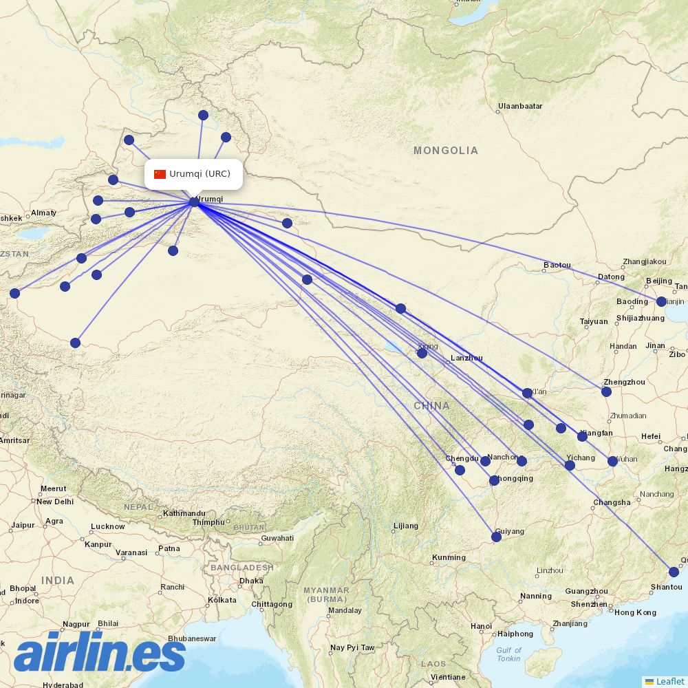 Tianjin Airlines from Ürümqi Diwopu International Airport destination map