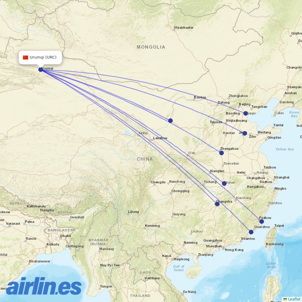 Xiamen Airlines from Ürümqi Diwopu International Airport destination map