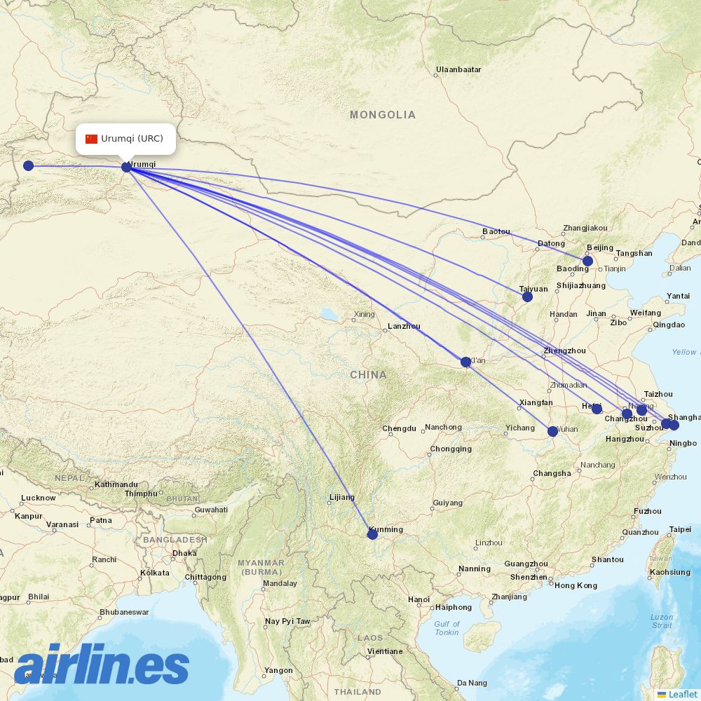 China Eastern Airlines from Ürümqi Diwopu International Airport destination map