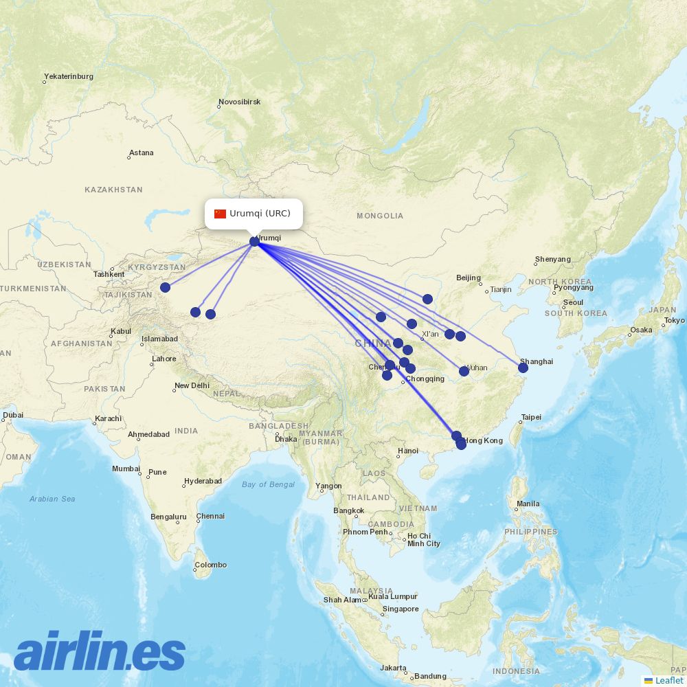 Urumqi Airlines from Ürümqi Diwopu International Airport destination map