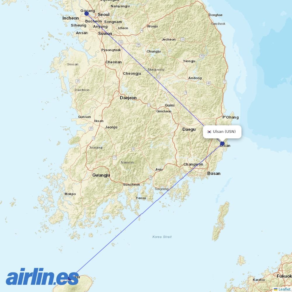 Korean Air from Ulsan destination map