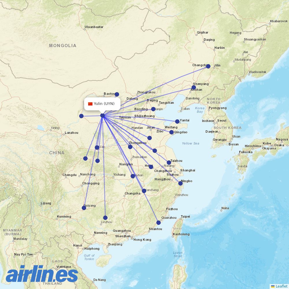Tianjin Airlines at UYN route map