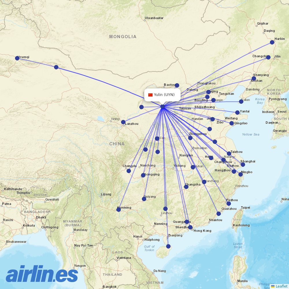 Juneyao Airlines from Yulin destination map