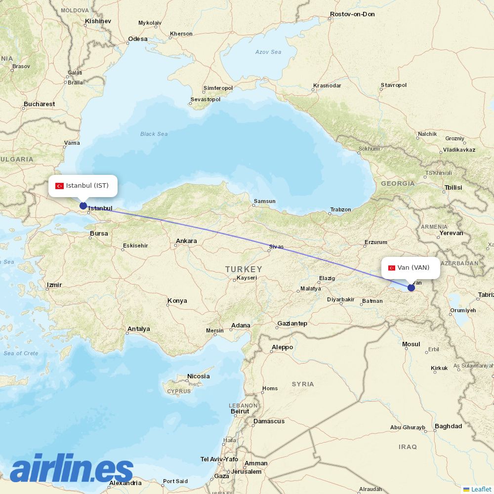 Turkish Airlines from Van destination map