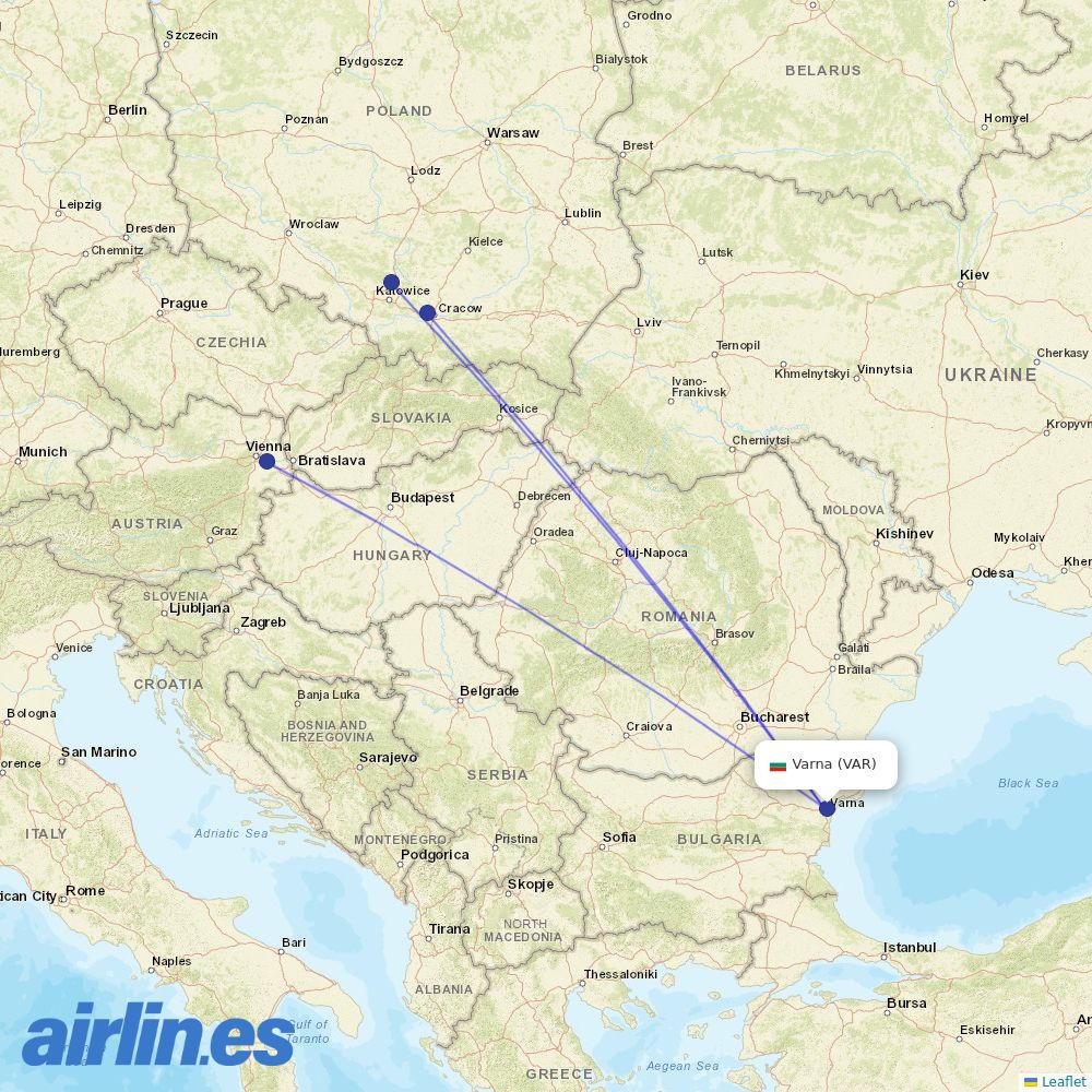 Ryanair from Varna destination map