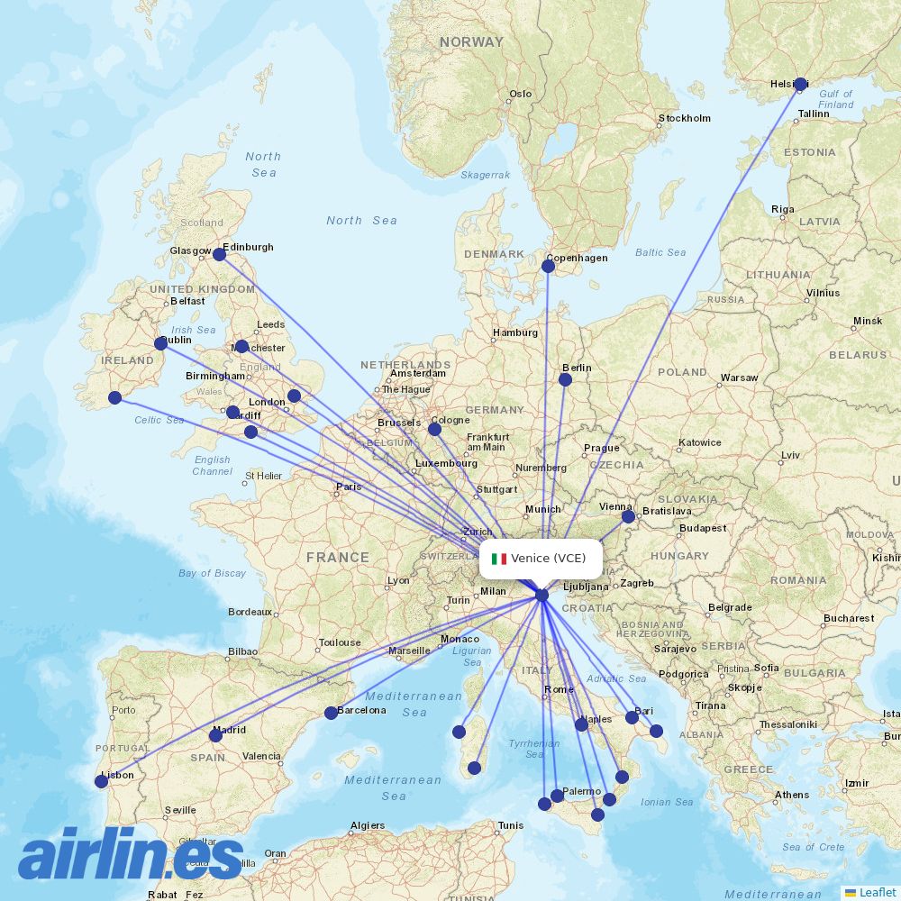 Ryanair from Venice Marco Polo Airport destination map