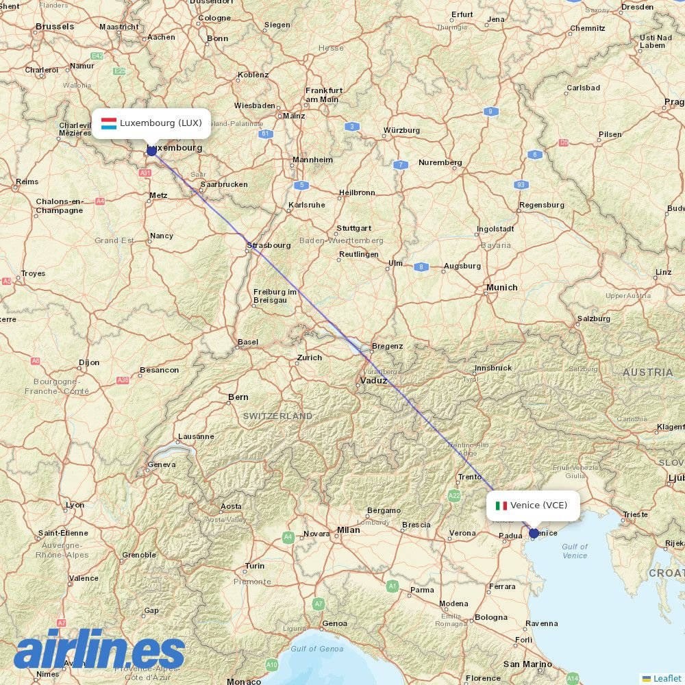 Luxair from Venice Marco Polo Airport destination map