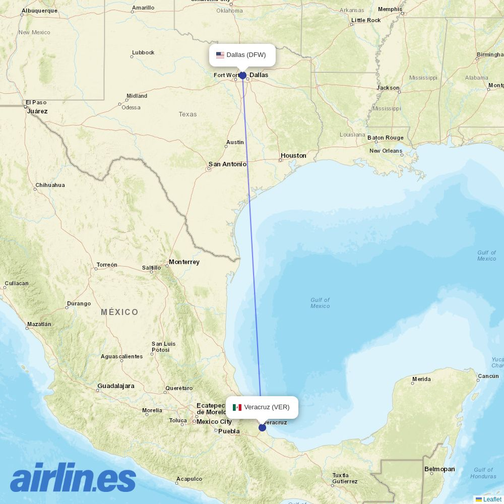 American Airlines from Veracruz destination map