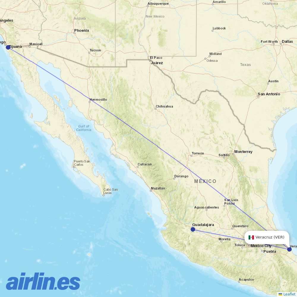 Volaris from Veracruz destination map