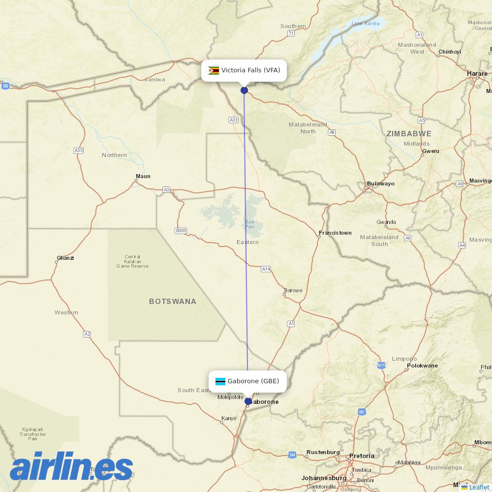 Ethiopian Airlines from Victoria Falls International destination map