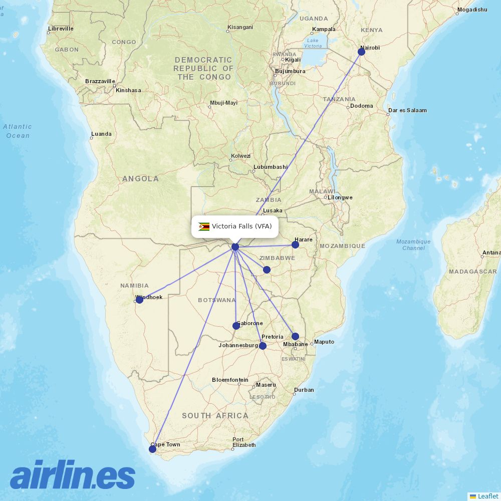 Kenya Airways from Victoria Falls International destination map