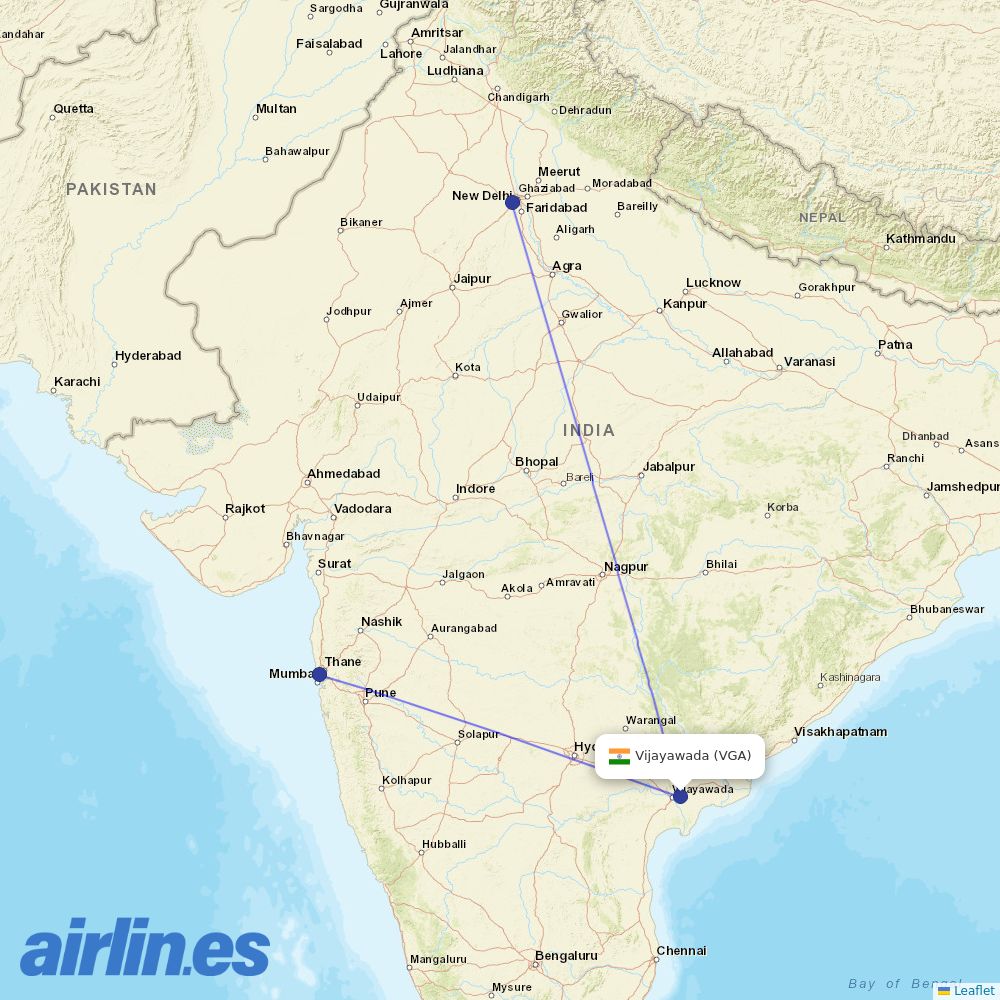 Air India from Vijayawada destination map