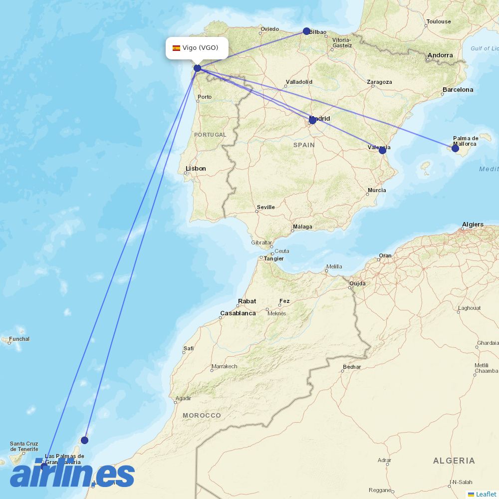 Iberia from Vigo destination map