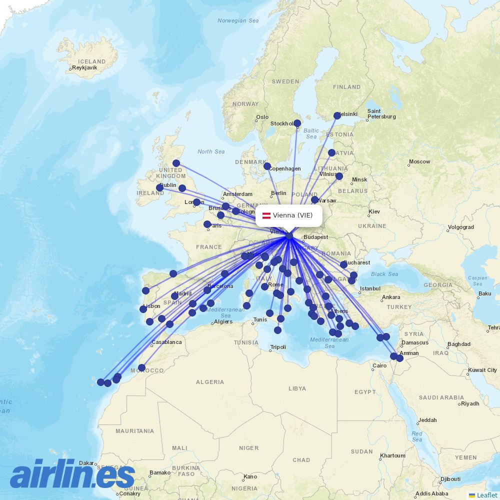 Ryanair from Vienna International Airport destination map