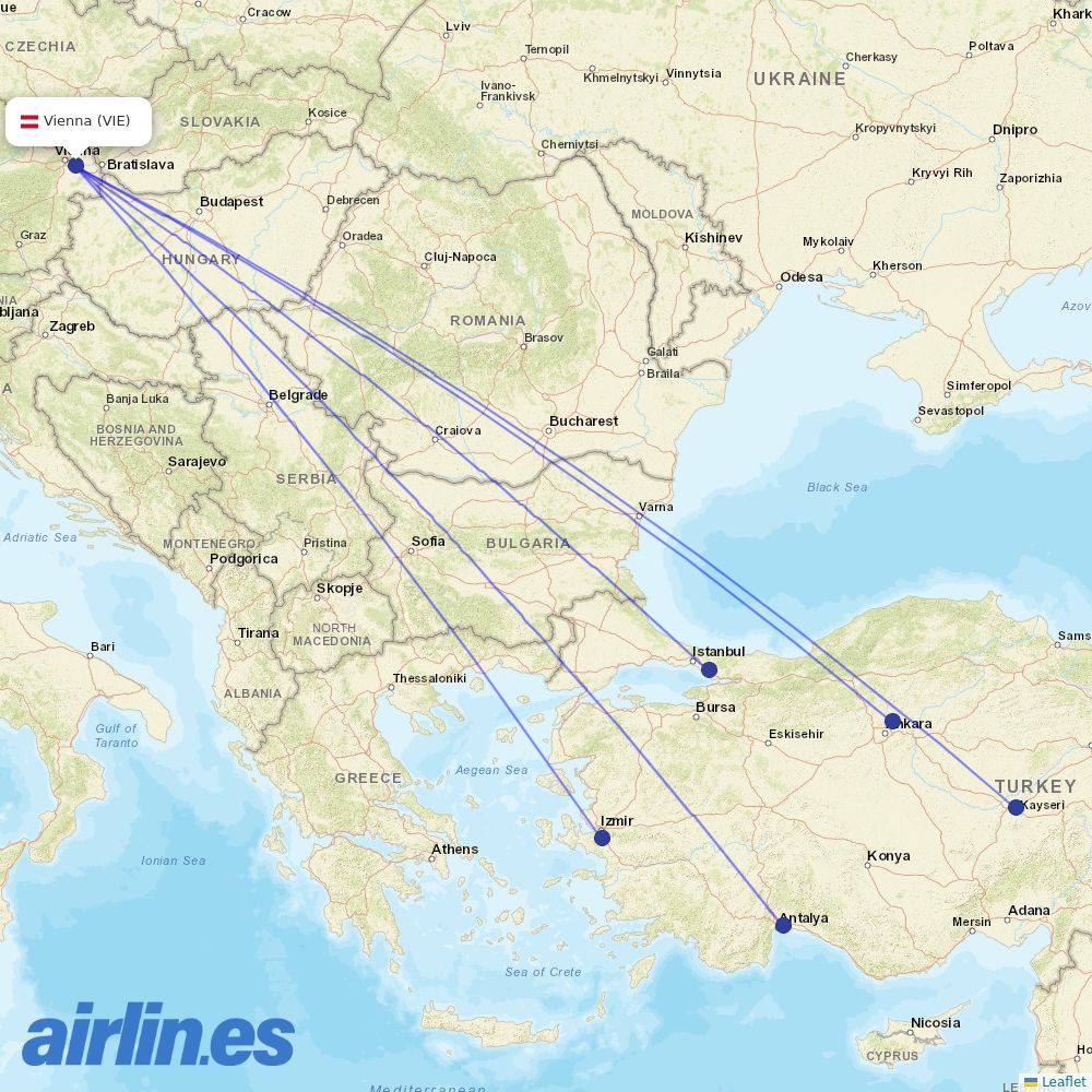 Pegasus from Vienna International Airport destination map