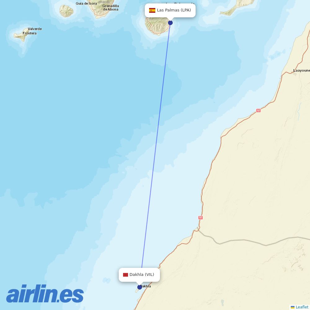 Binter Canarias from Dakhla destination map