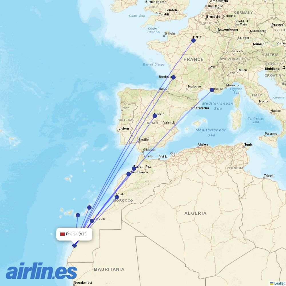Transavia France from Dakhla destination map